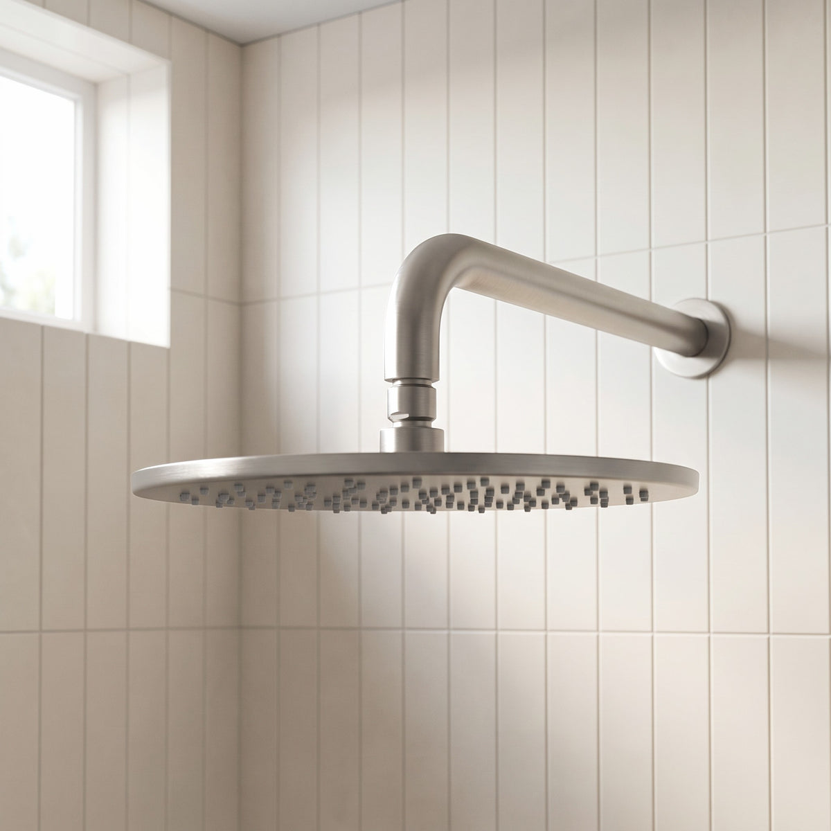 Bordeaux Wall Mounted Shower Head with Arm in Brushed Nickel in a shower