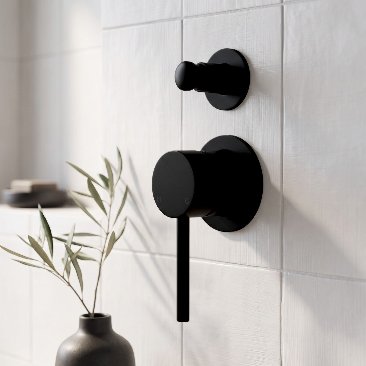 Close-up of the Cannes Shower Diverter and Mixer in Matte Black