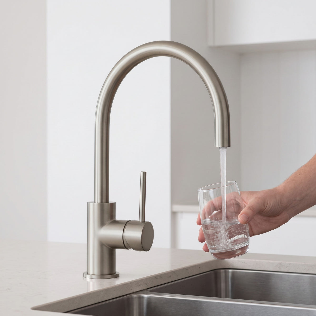 Como Kitchen Mixer Tap in Brushed Nickel in use in a kitchen