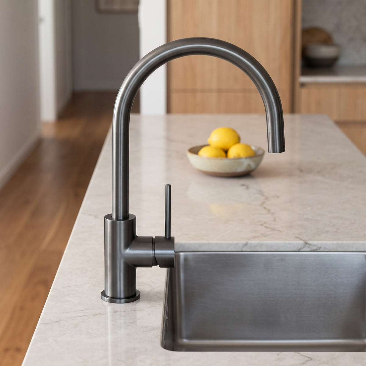 Como Kitchen Mixer Tap in Brushed Gunmetal in a kitchen