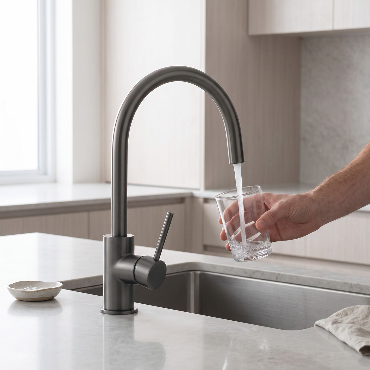 Como Kitchen Mixer Tap in Brushed Gunmetal in use in a kitchen