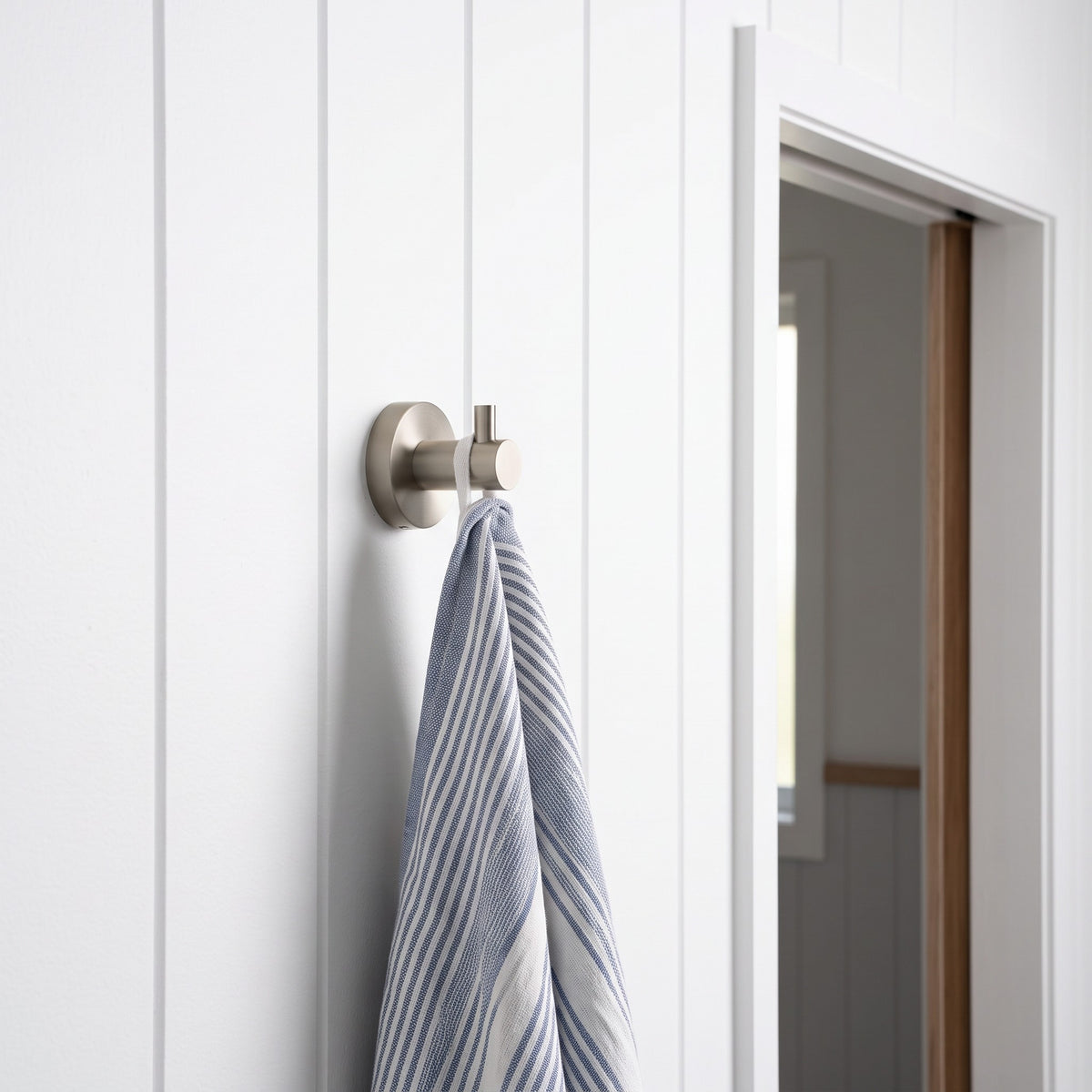 Copenhagen Robe Hook in Brushed Nickel in a bathroom