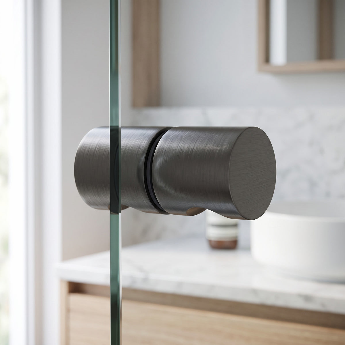 Close-up of the Corfu Shower Door Handle in Brushed Gunmetal