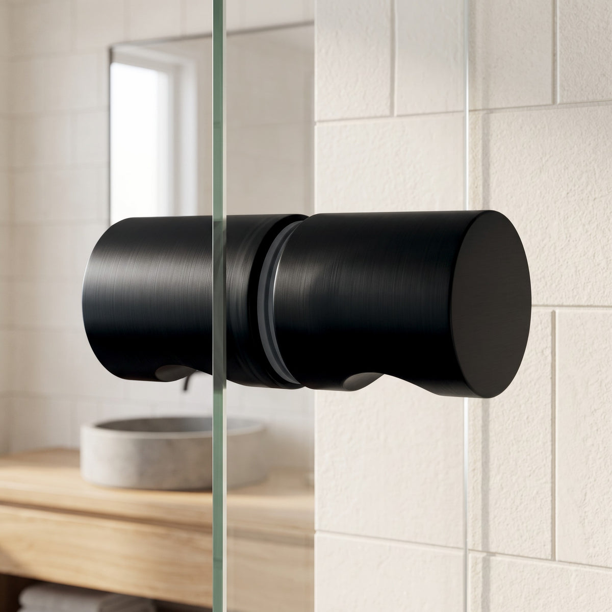 Corfu Shower Door Handle in Matte Black on a glass shower door