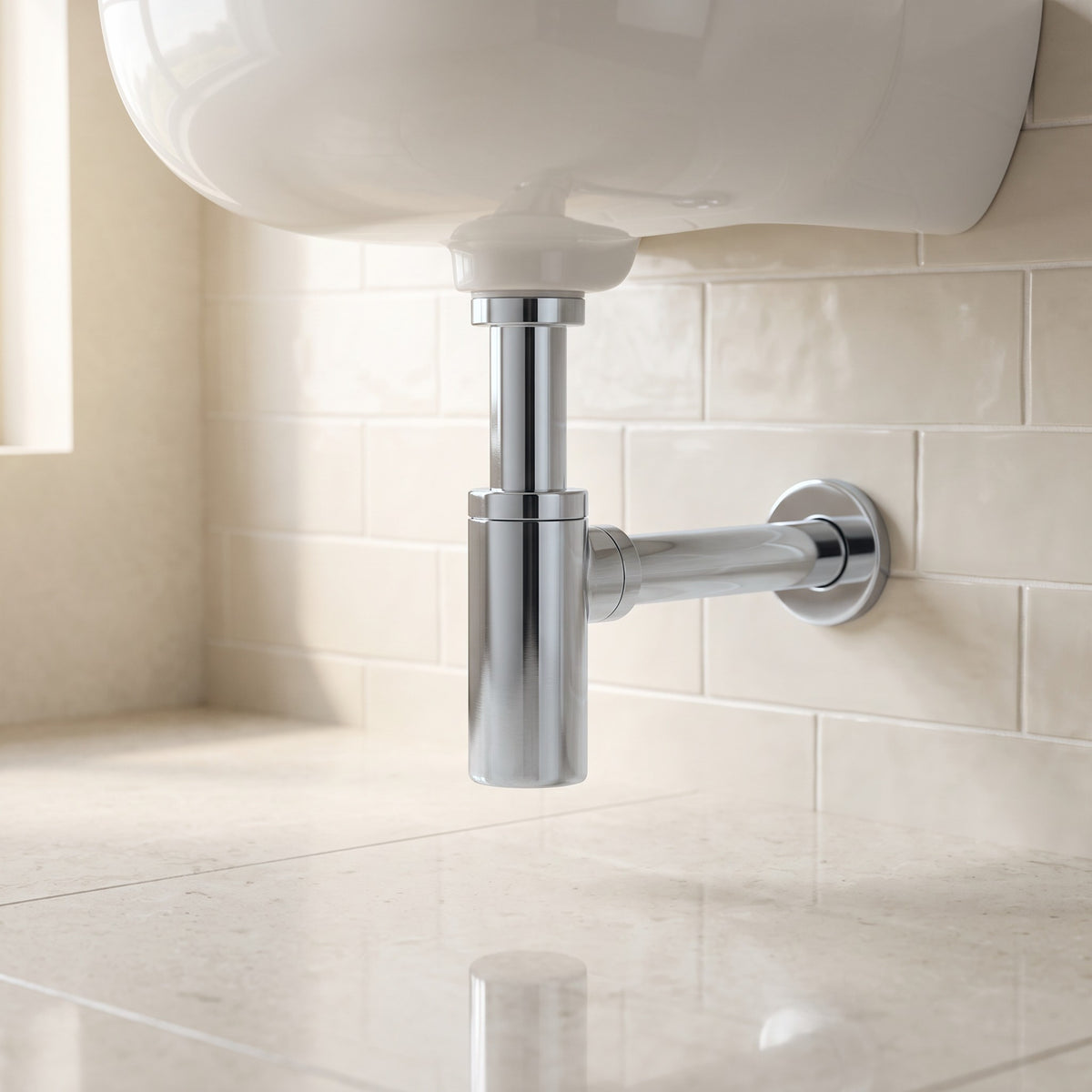 Firenze Basin Bottle Trap in Chrome in a bathroom