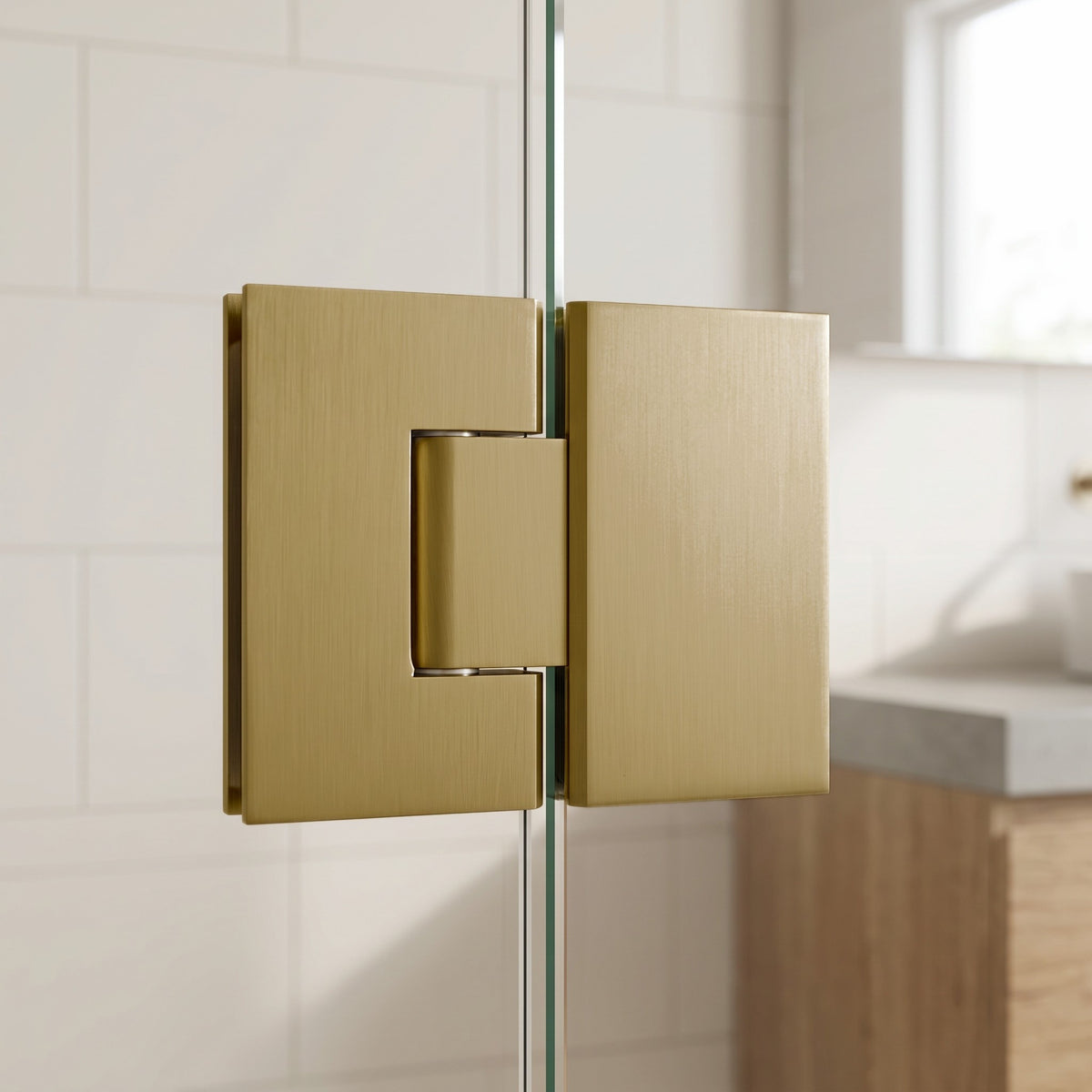 Geneva Shower Hinge Glass to Glass in Brushed Brass on a glass shower screen