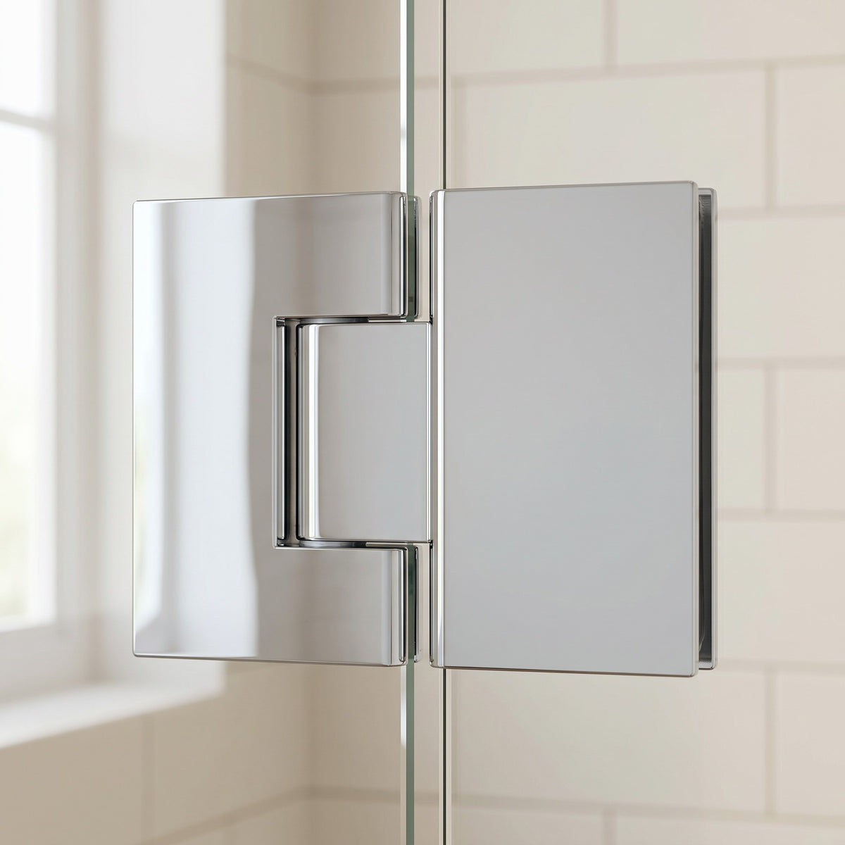 Geneva Shower Hinge Glass to Glass in Chrome on a glass shower screen