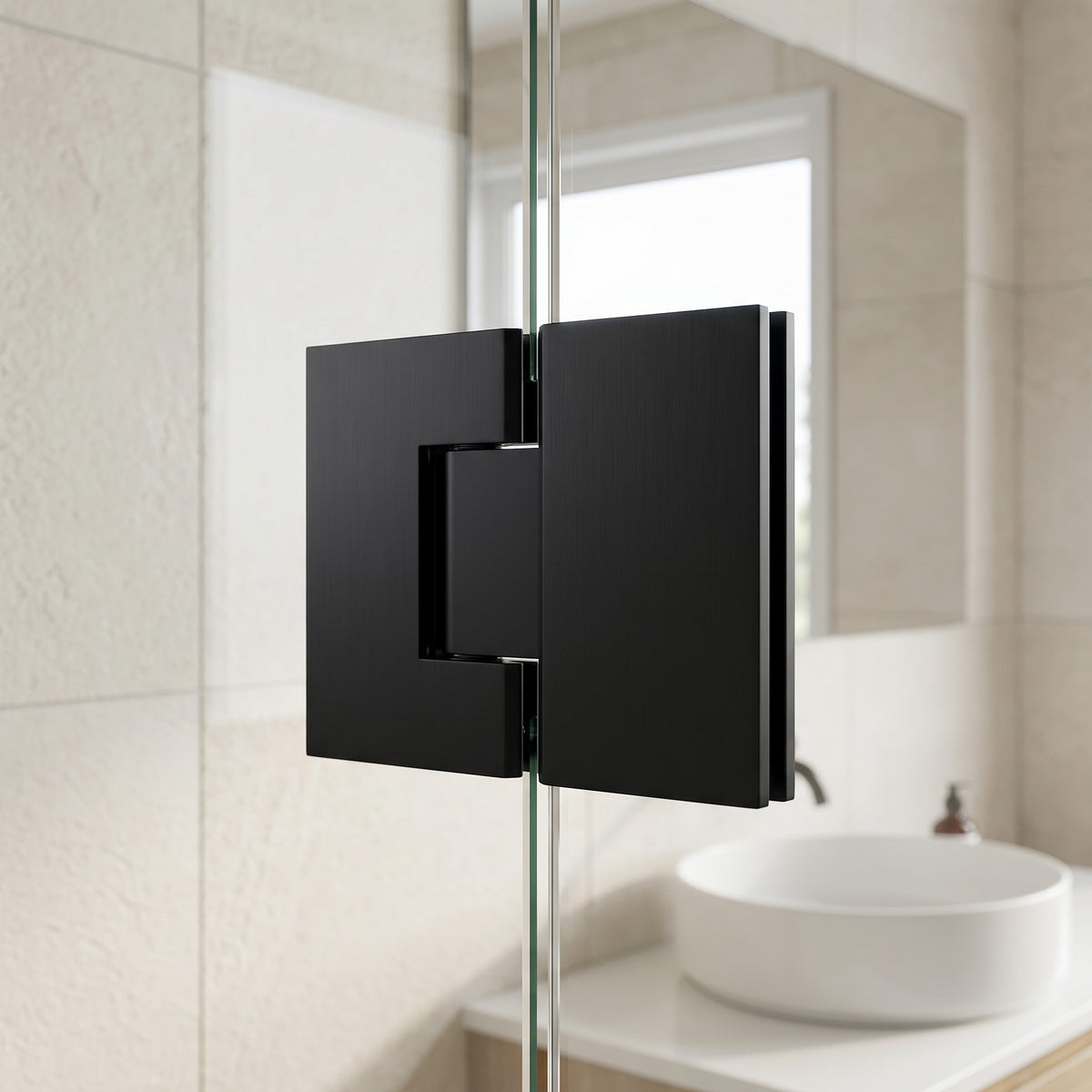 Geneva Shower Hinge Glass to Glass in Matte Black on a glass shower screen