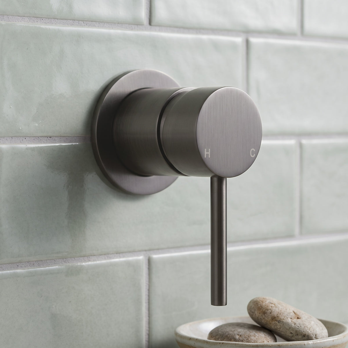 Close-up of the Milano Wall Mixer in Brushed Gunmetal