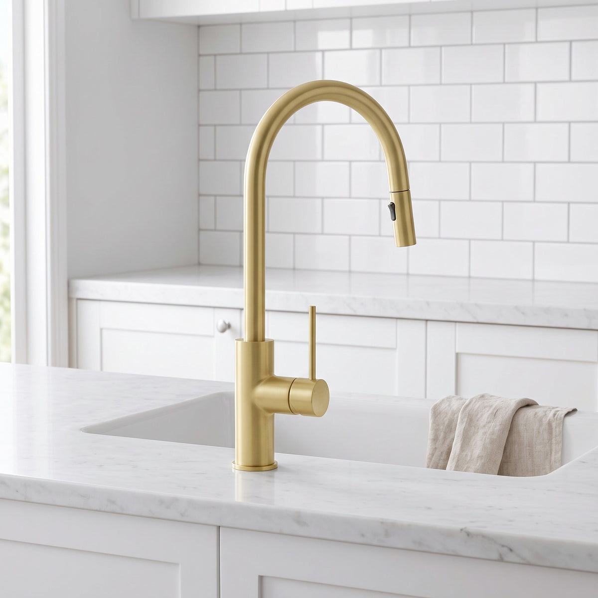 Porto Pull-Out Kitchen Mixer in Brushed Brass in a kitchen