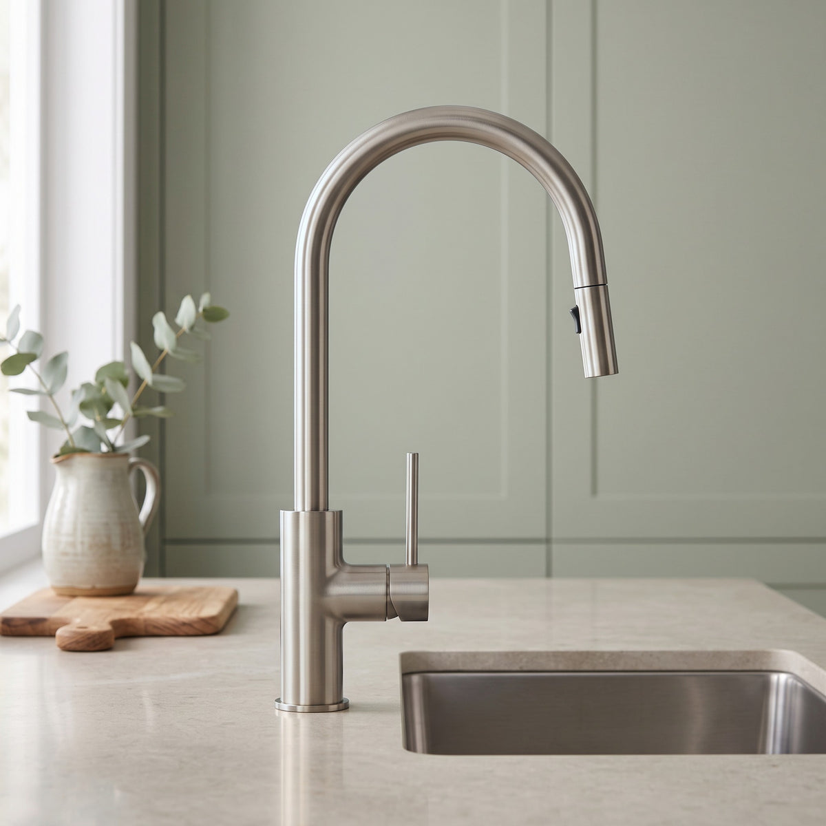Porto Pull-Out Kitchen Mixer in Brushed Nickel in a kitchen