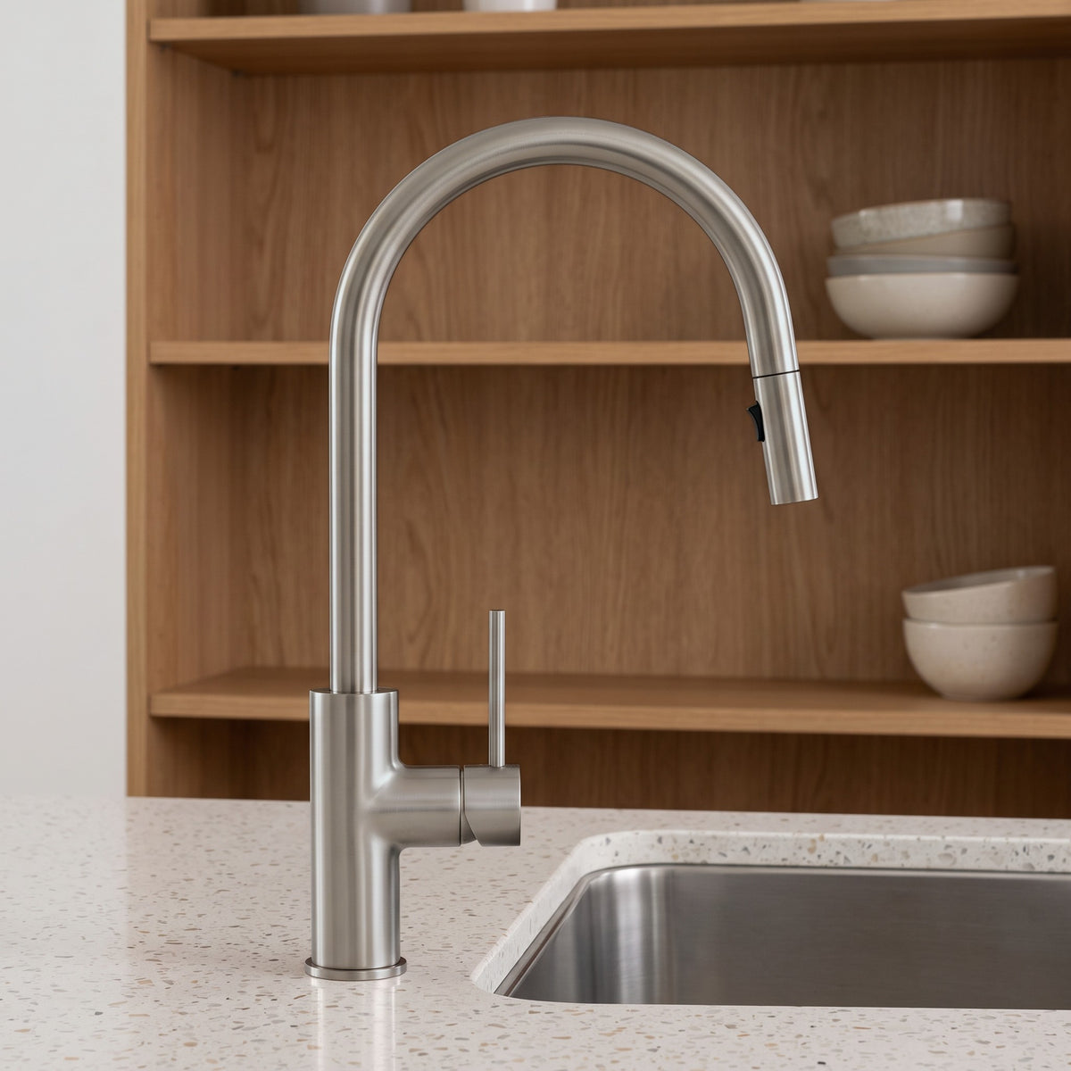 Porto Pull-Out Kitchen Mixer in Brushed Nickel in a kitchen