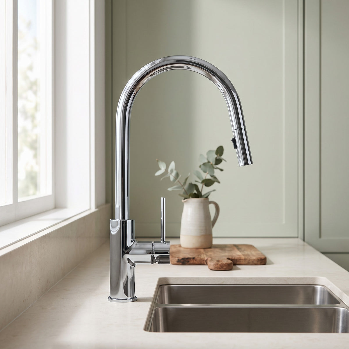 Porto Pull-Out Kitchen Mixer in Chrome in a kitchen