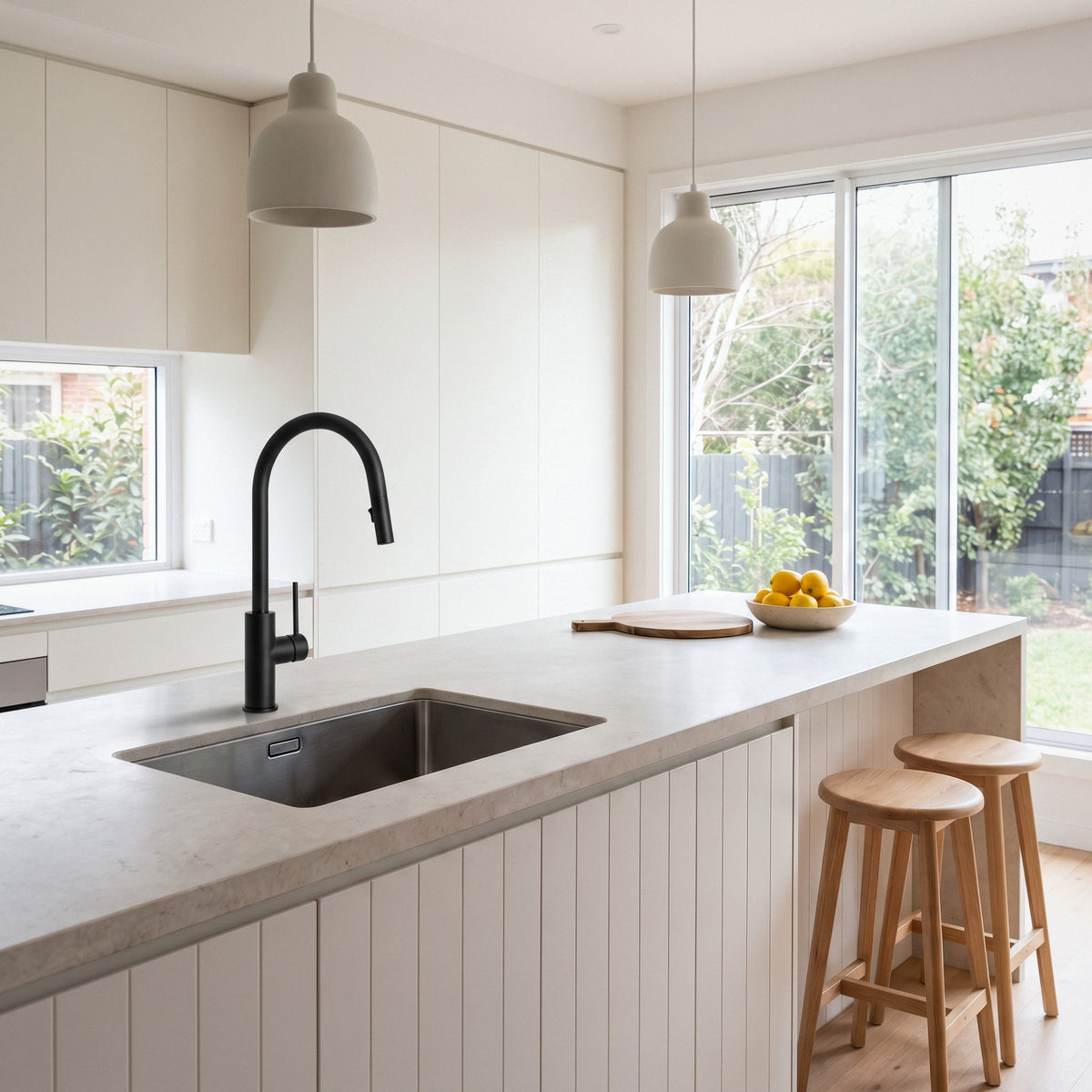Porto Pull-Out Kitchen Mixer in Matte Black in a kitchen