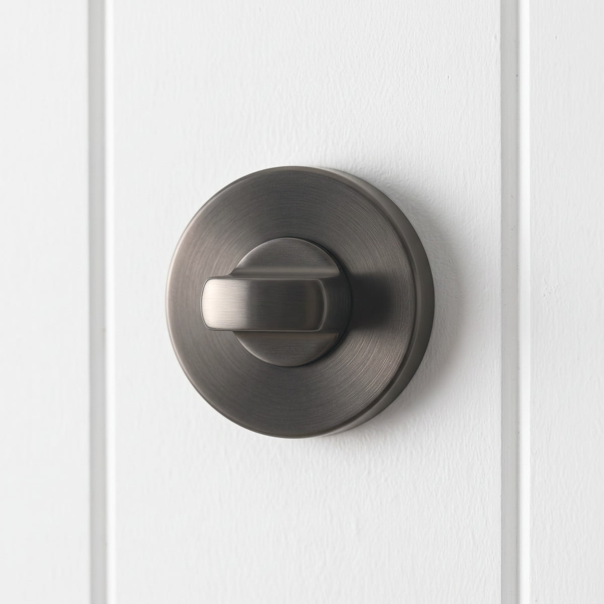 Close-up of the Prague Door Lock in Brushed Gunmetal
