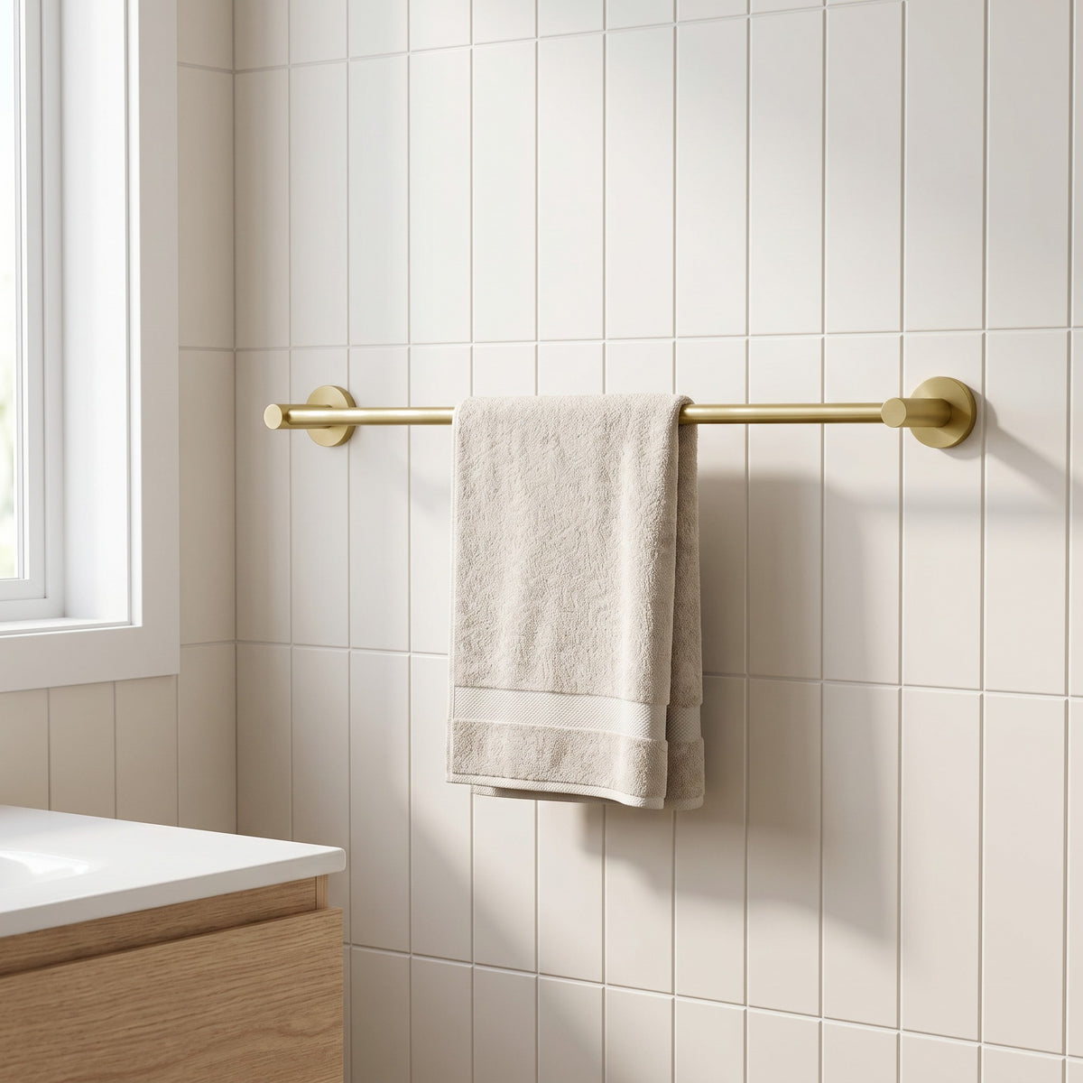 Provence 600mm Single Towel Rail in Brushed Brass in a bathroom
