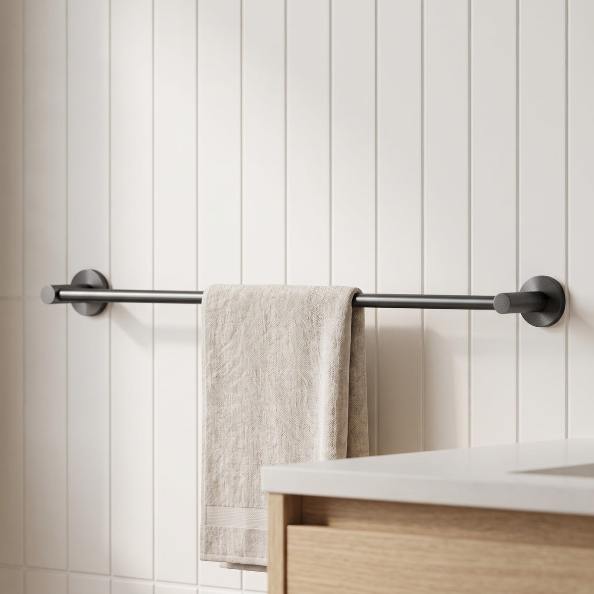 Provence 600mm Single Towel Rail in Brushed Gunmetal in a bathroom