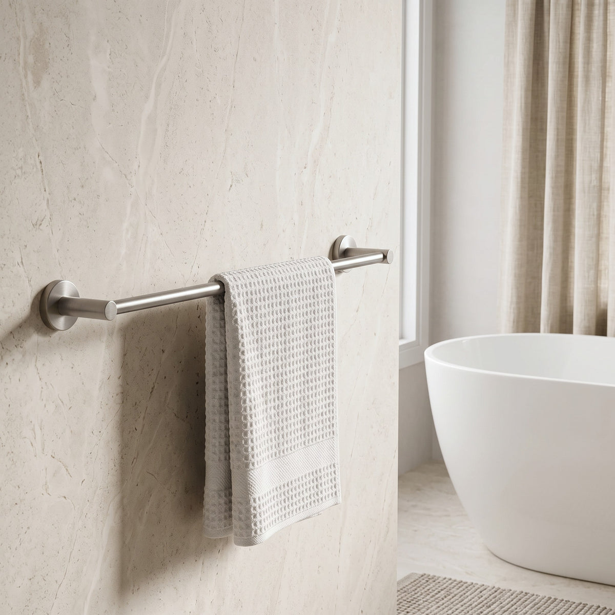 Provence 600mm Single Towel Rail in Brushed Nickel in a bathroom