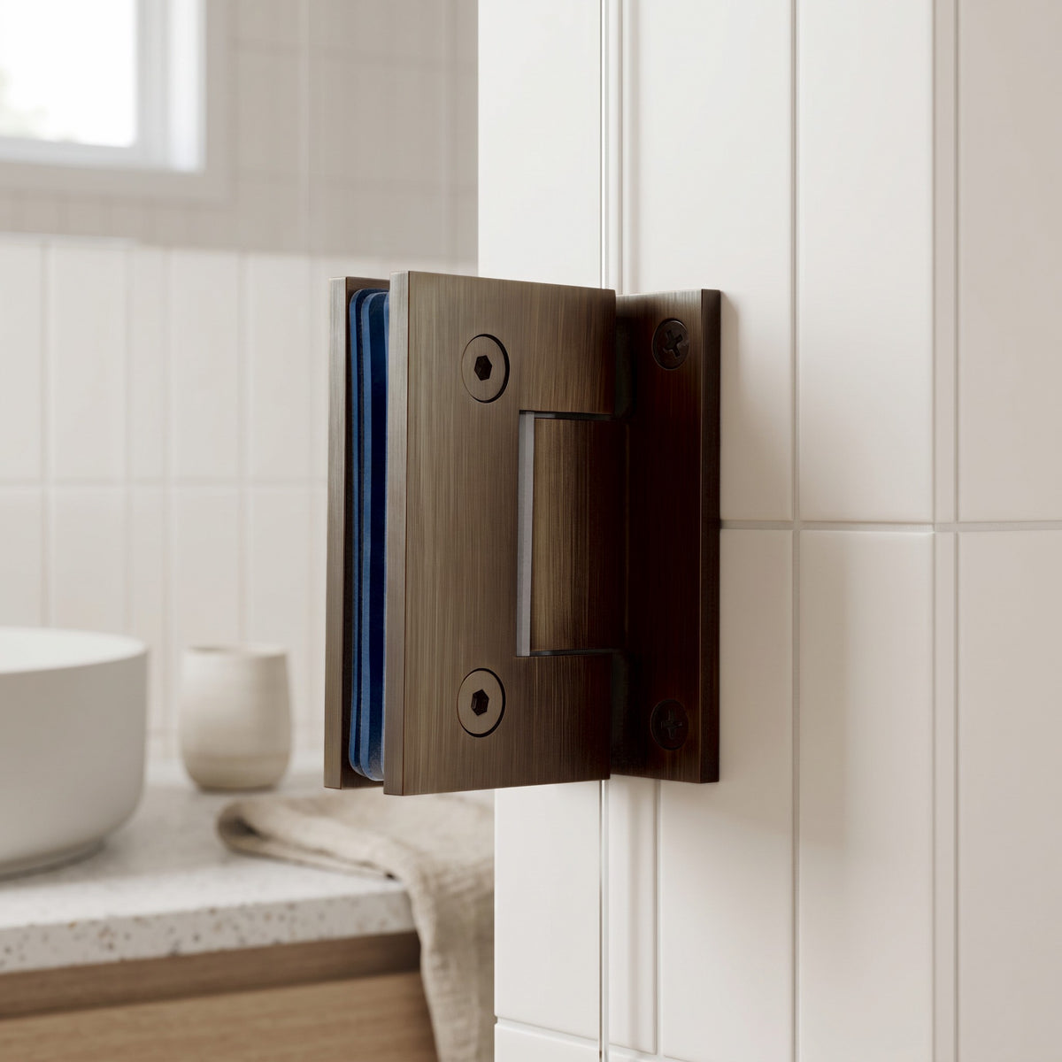Rennes Shower Hinge Glass to Wall in Antique Brass on a glass shower screen