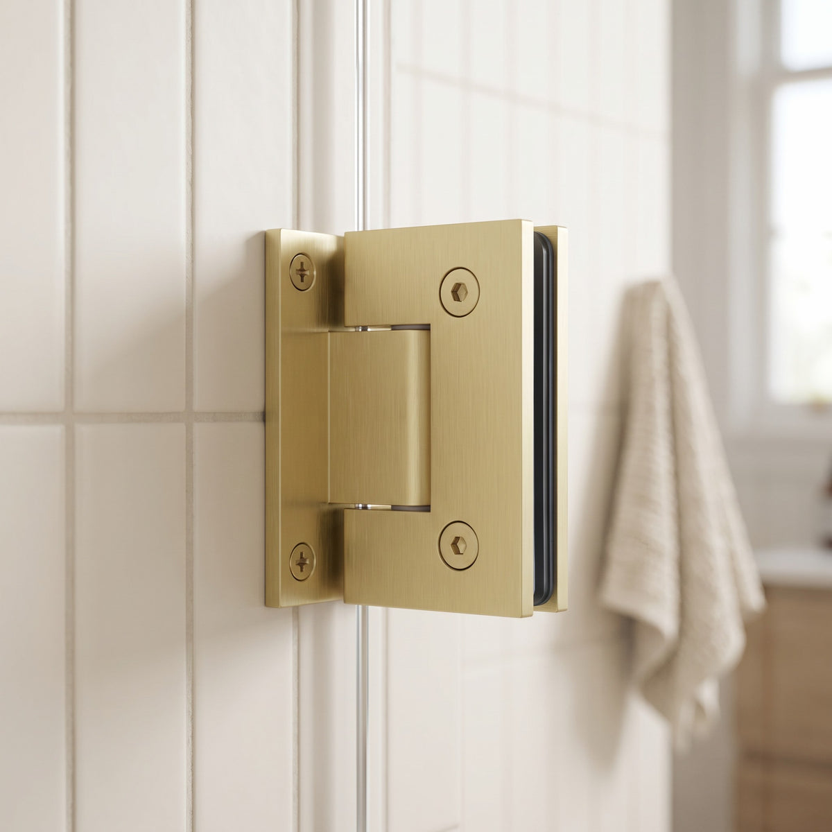 Rennes Shower Hinge Glass to Wall in Brushed Brass on a glass shower screen