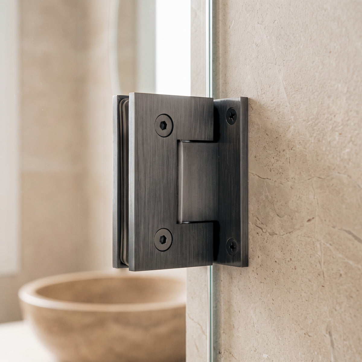 Close-up of the Rennes Shower Hinge Glass to Wall in Brushed Gunmetal