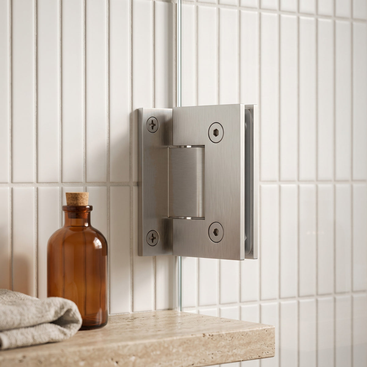 Rennes Shower Hinge Glass to Wall in Brushed Nickel on a glass shower screen