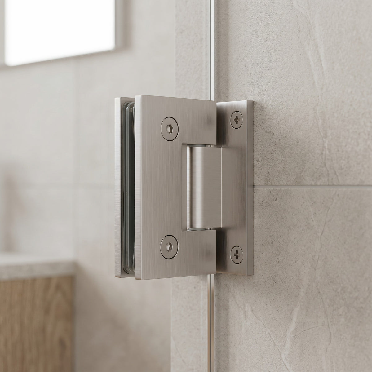 Close-up of the Rennes Shower Hinge Glass to Wall in Brushed Nickel