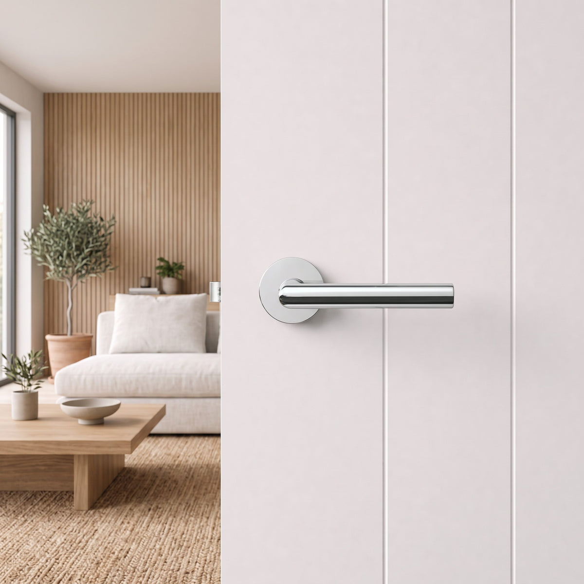 Santorini Door Handle in Chrome on an interior door