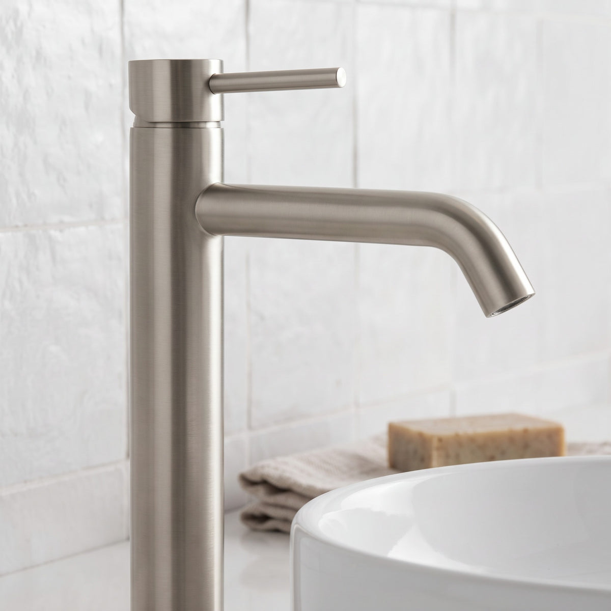 Close-up of the Vienna Tall Basin Mixer in Brushed Nickel