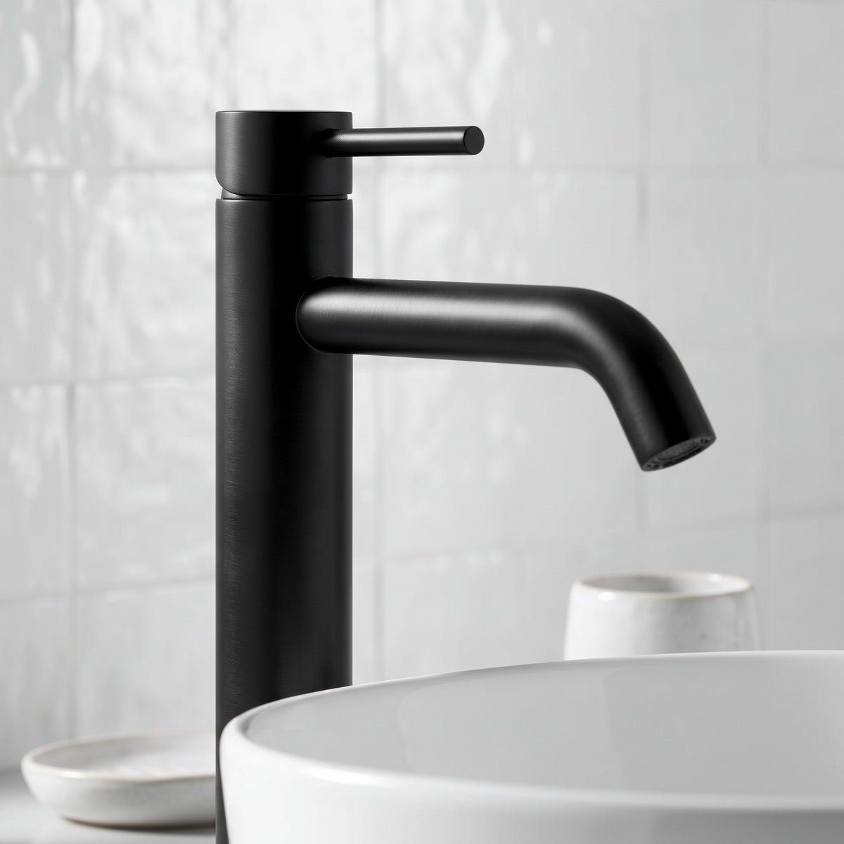 Close-up of the Vienna Tall Basin Mixer in Matte Black