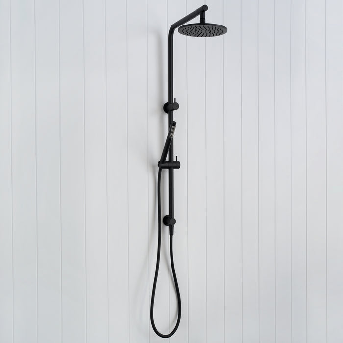 Corsica Dual Shower Head in Matte Black, three-quarter view of the rail, rain head and looped handset hose