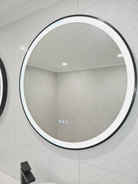Right-Side Close-Up shot of a Circle Smart LED Mirror with Black Frame