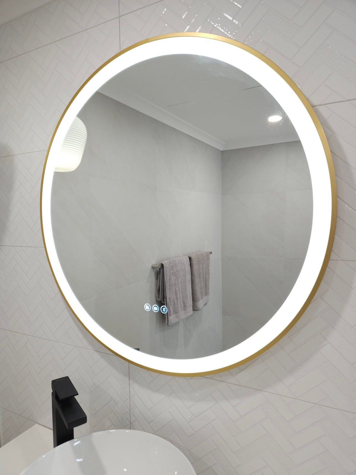 InVogue Smart LED Circle Mirror: Perspective from Door in White Powder Room