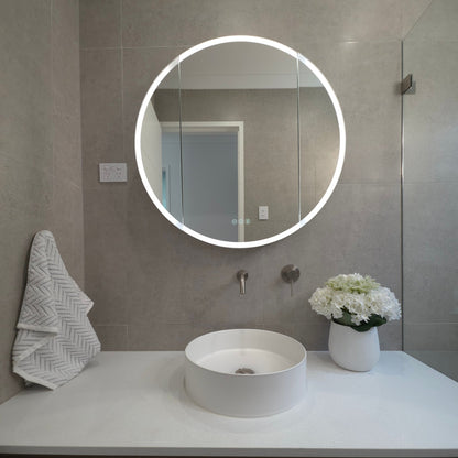 Outside view of round LED mirror cabinet with built-in demister