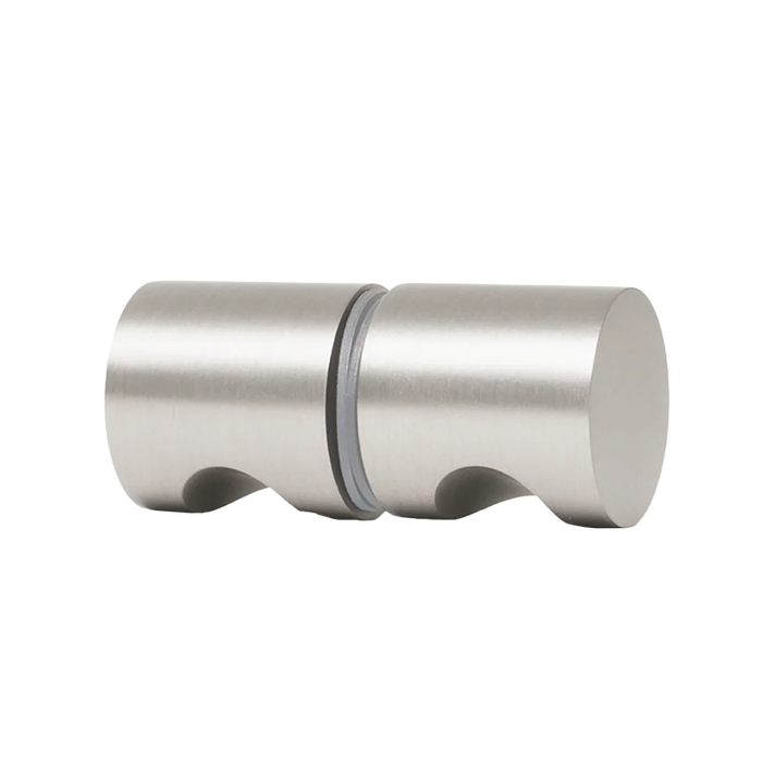 Corfu Shower Door Handle in Brushed Nickel, side view of the back-to-back cylindrical knob pair with a grey washer