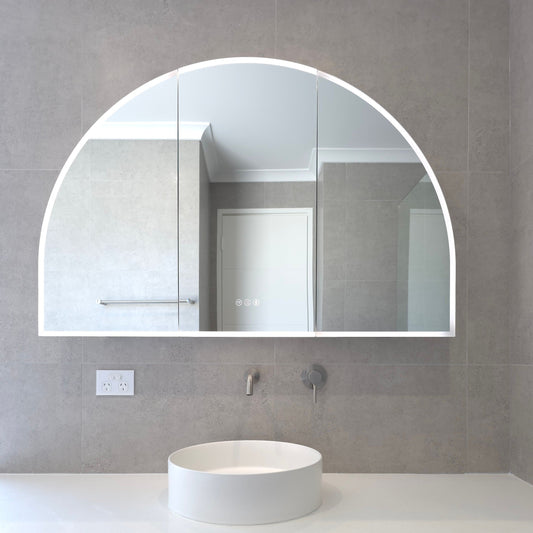 Frameless arch bathroom mirror cabinet with internal powerpoint by Invogue