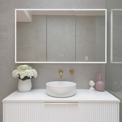 Frameless LED mirror cabinet with adjustable internal storage shelves byInvogue