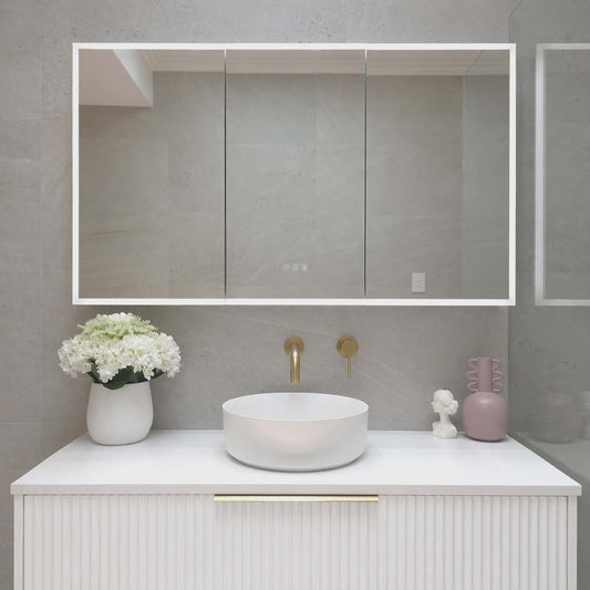 Frameless LED mirror cabinet with adjustable internal storage shelves byInvogue