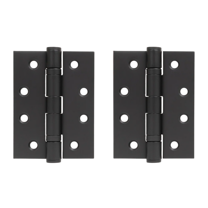 Venezia Door Butt Hinge in Matte Black, pair of hinges laid flat, front view showing the knuckles and screw holes