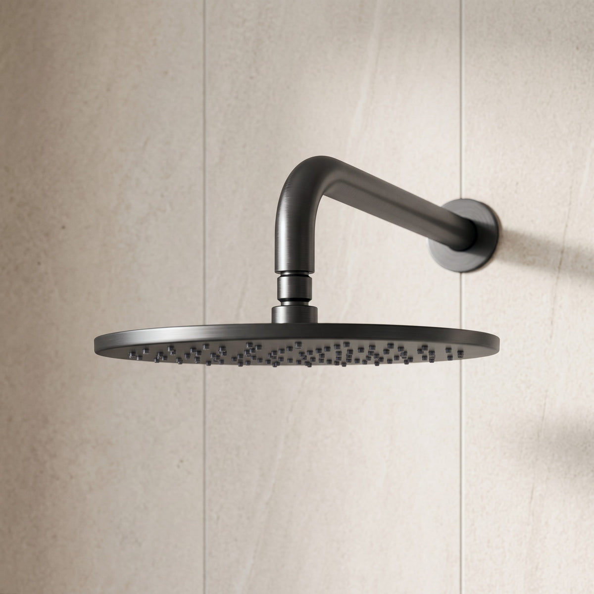Close-up of the Bordeaux Wall Mounted Shower Head with Arm in Brushed Gunmetal