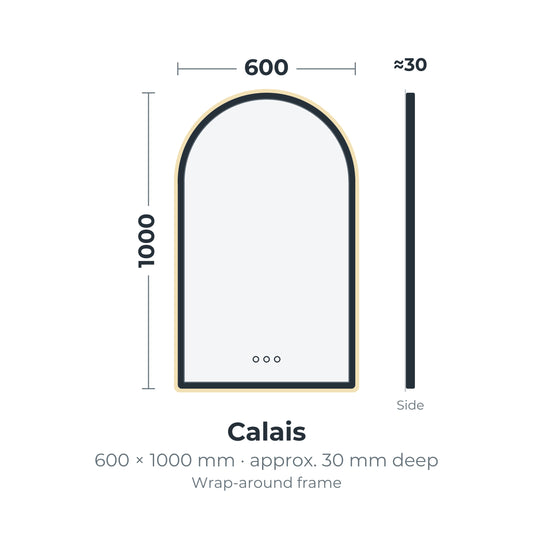 Calais arch wrap-around framed LED mirror dimensions, 600 x 1000 mm, approx. 30 mm deep