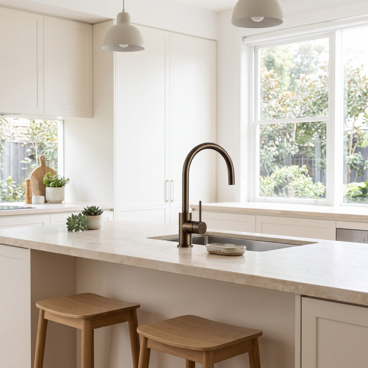 Como Kitchen Mixer Tap in Antique Brass, on a pale stone island in a light kitchen with a garden window