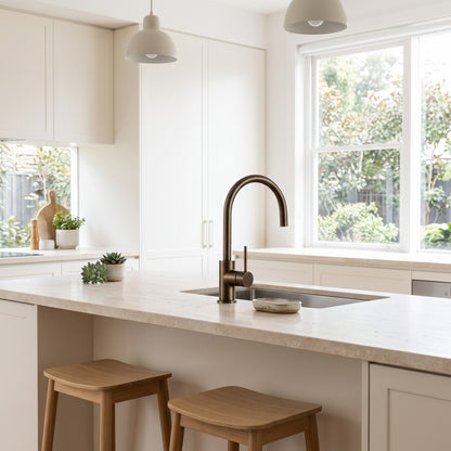 Como Kitchen Mixer Tap in Antique Brass, on a pale stone island in a light kitchen with a garden window