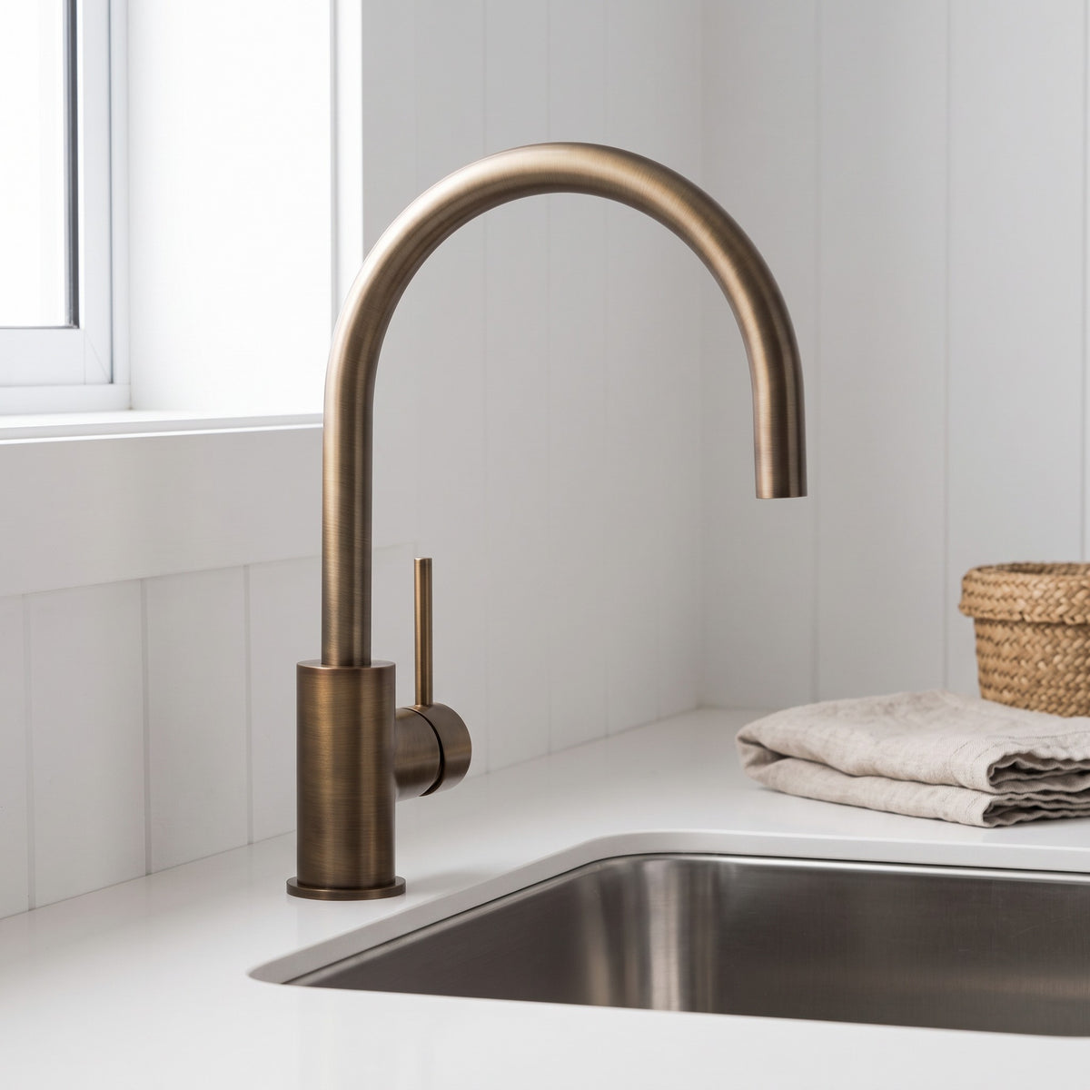 Como Kitchen Mixer Tap in Antique Brass in a kitchen