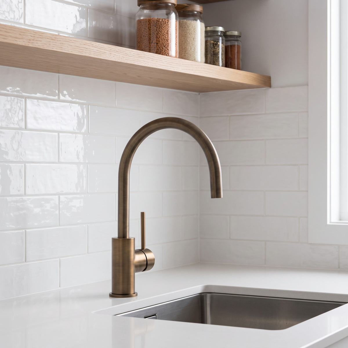 Como Kitchen Mixer Tap in Antique Brass in a kitchen