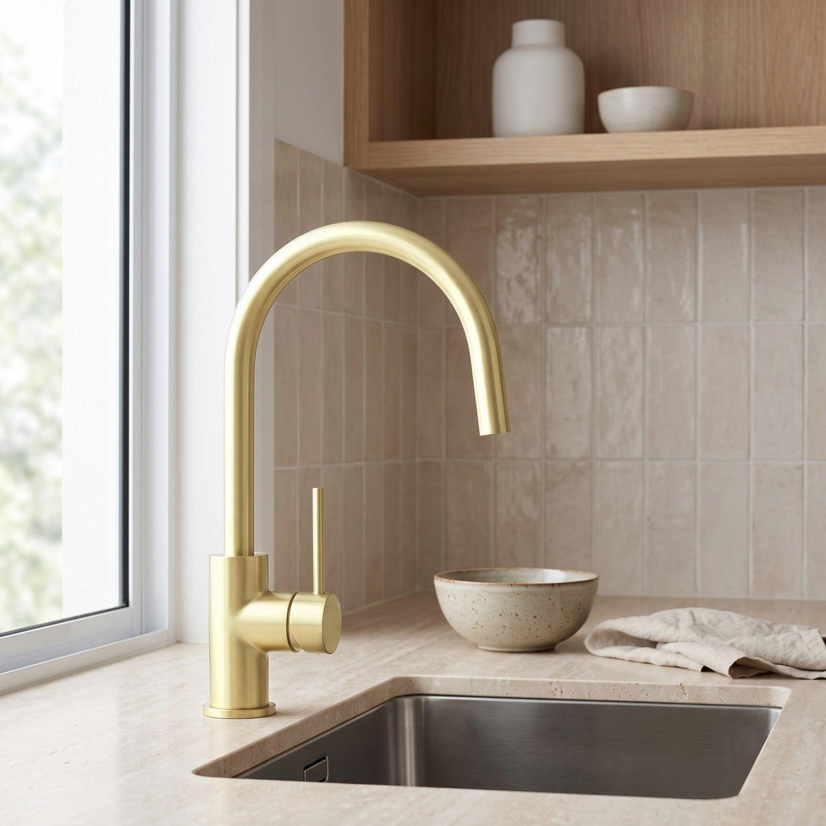Como Kitchen Mixer Tap in Brushed Brass in a kitchen