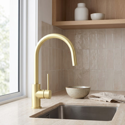 Como Kitchen Mixer Tap in Brushed Brass in a kitchen