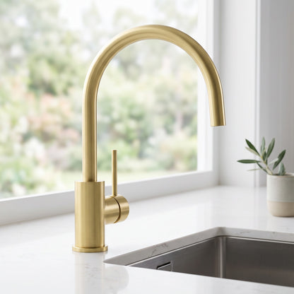 Close-up of the Como Kitchen Mixer Tap in Brushed Brass