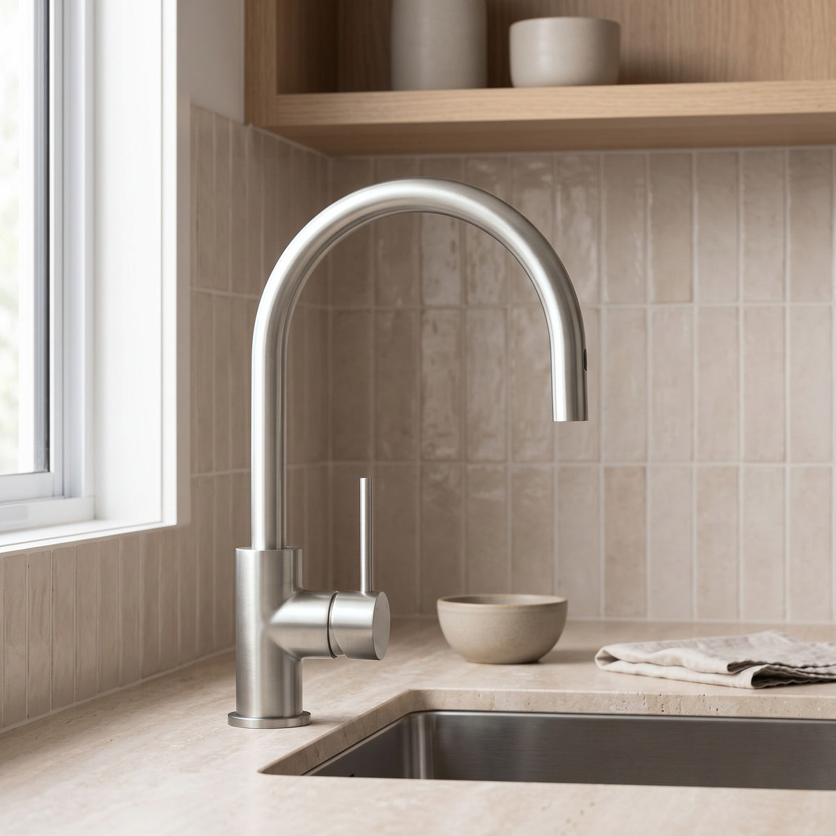 Como Kitchen Mixer Tap in Brushed Nickel in a kitchen