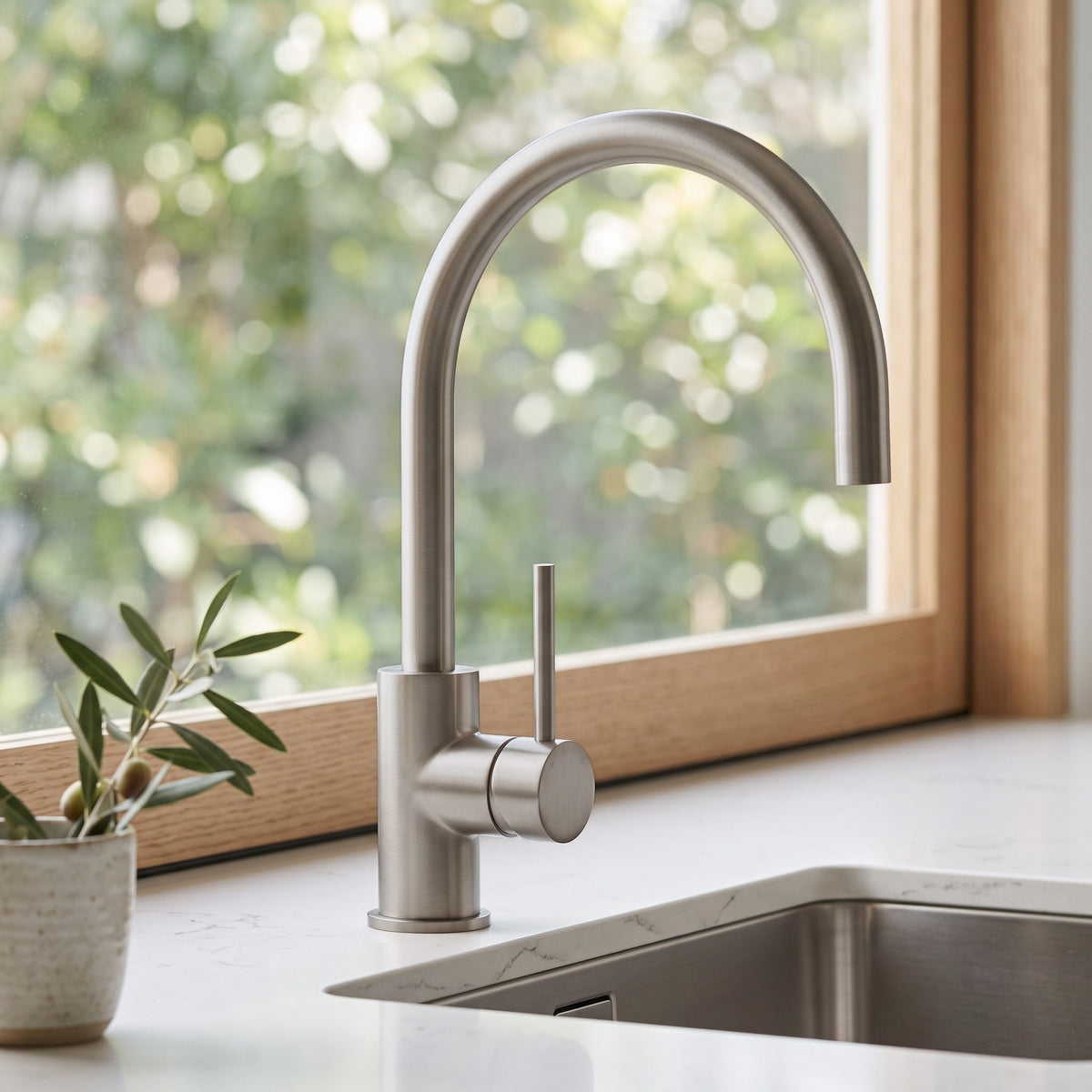 Close-up of the Como Kitchen Mixer Tap in Brushed Nickel